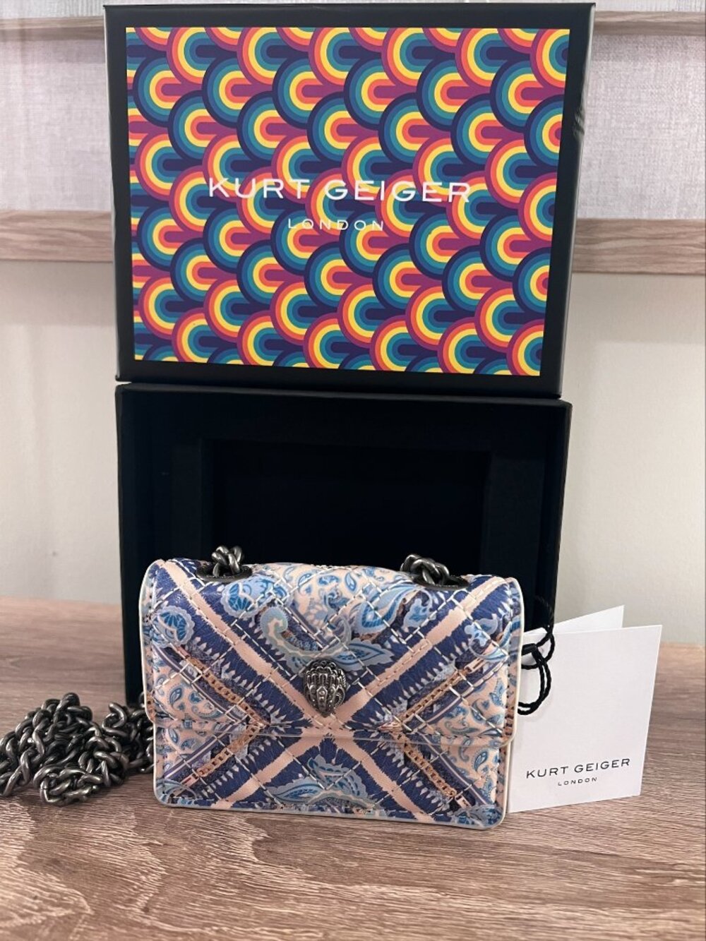 NWT & Box Kurt Geiger Micro Kensington Leather Quilted Blue Paisley Bag